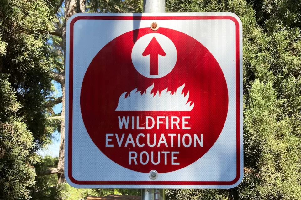 Red and white "Wildfire Evacuation Route" sign on signpost.